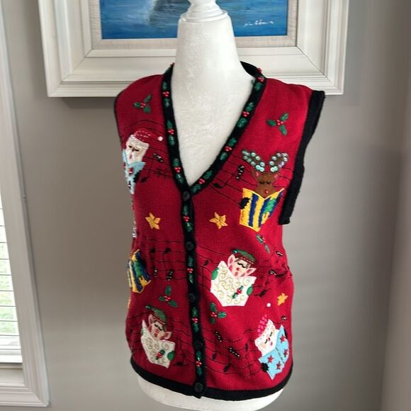 Vintage Bobbie Brooks Holiday Christmas Caroling Santa Sweater Vest Medium - Picture 5 of 8